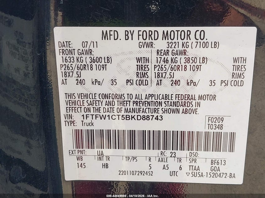 FORD F-150 2011 VIN 1FTFW1CT5BKD88743
