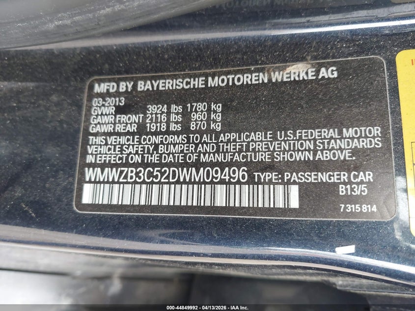 2013 Mini Countryman Cooper VIN: WMWZB3C52DWM09496 Lot: 44849992