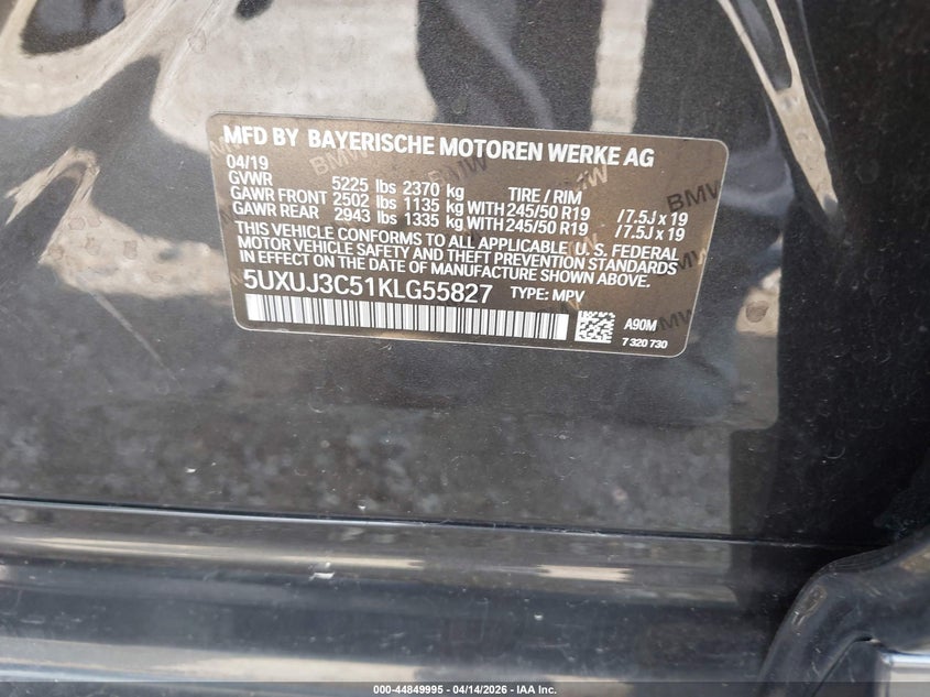 2019 BMW X4 xDrive30I VIN: 5UXUJ3C51KLG55827 Lot: 44849995