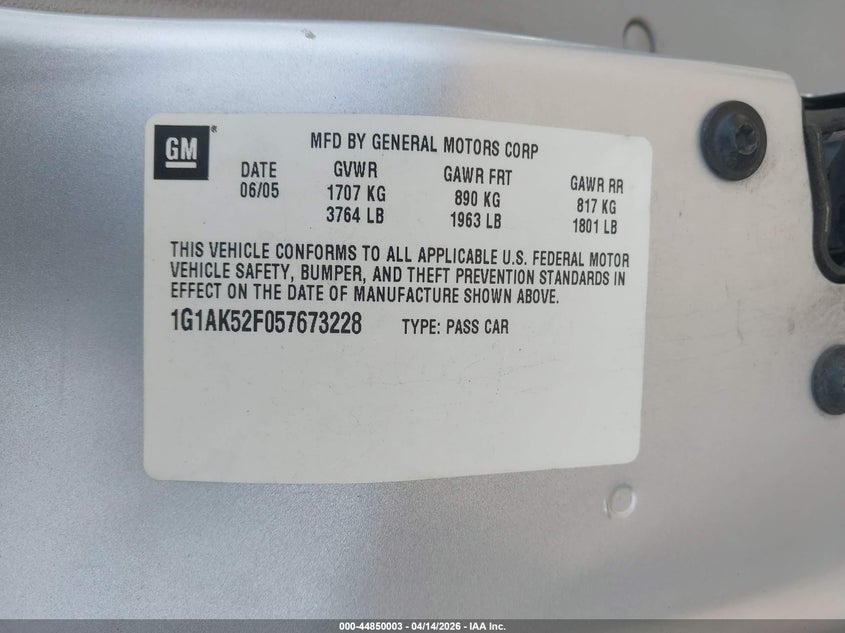 2005 Chevrolet Cobalt VIN: 1G1AK52F057673228 Lot: 44850003