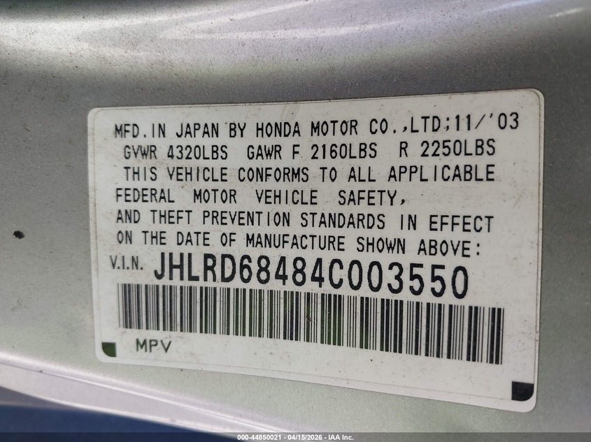 2004 Honda Cr-V Lx VIN: JHLRD68484C003550 Lot: 44850021