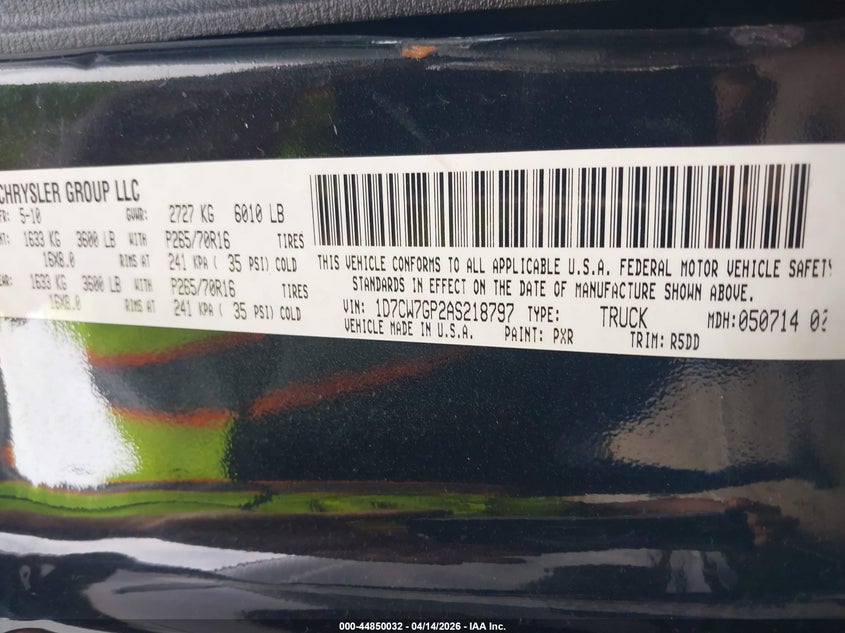 2010 Dodge Dakota Trx VIN: 1D7CW7GP2AS218797 Lot: 44850032