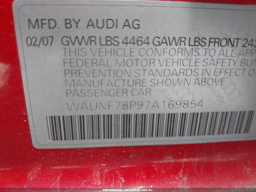 2007 Audi A3 2.0T VIN: WAUNF78P97A169854 Lot: 44850038