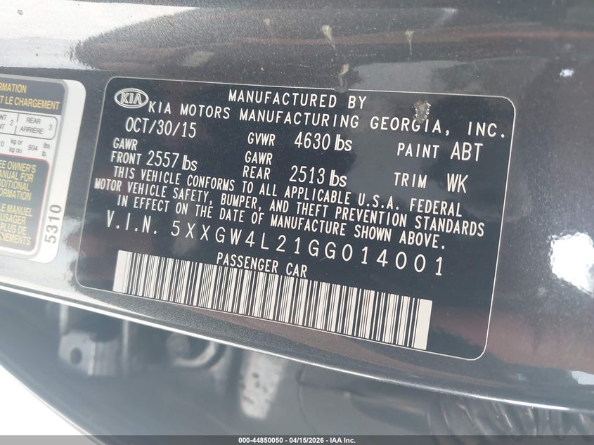 2016 Kia Optima Sx Turbo VIN: 5XXGW4L21GG014001 Lot: 44850050