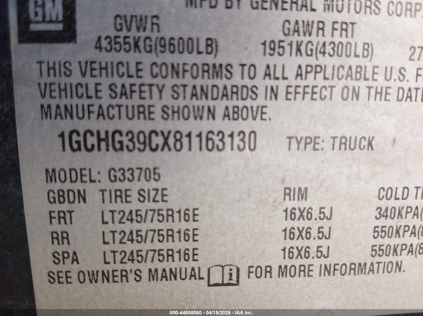 2008 Chevrolet Express Work Van VIN: 1GCHG39CX81163130 Lot: 44850060