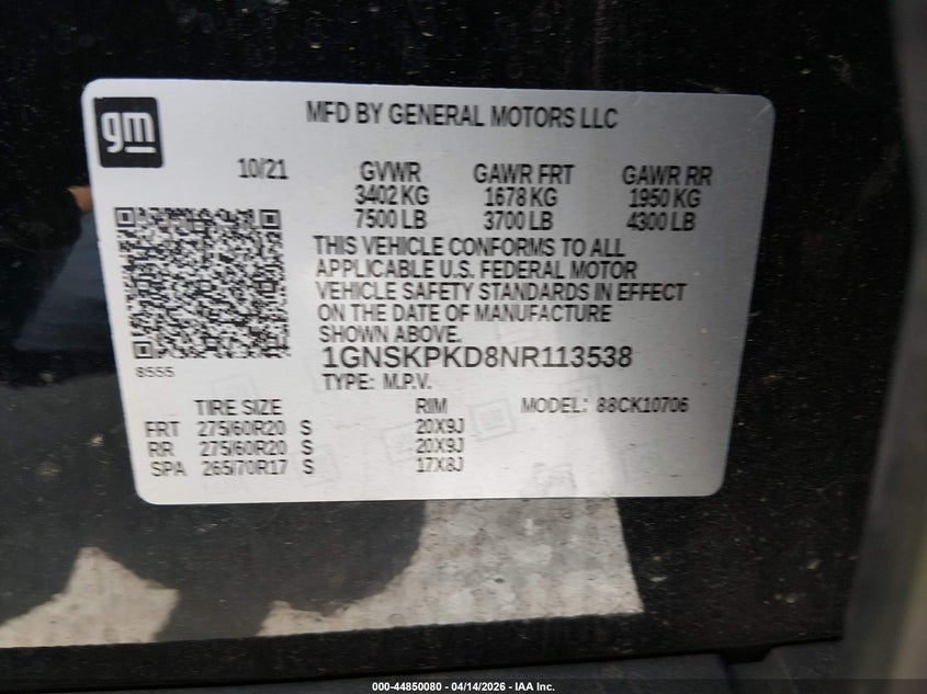 2022 Chevrolet Tahoe 4Wd Z71 VIN: 1GNSKPKD8NR113538 Lot: 44850080