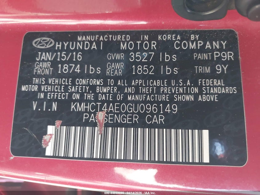 2016 Hyundai Accent Se VIN: KMHCT4AE0GU096149 Lot: 44850085