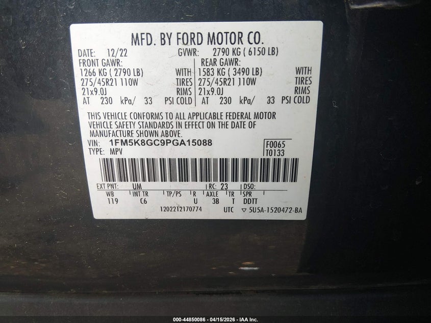 2023 Ford Explorer St VIN: 1FM5K8GC9PGA15088 Lot: 44850086