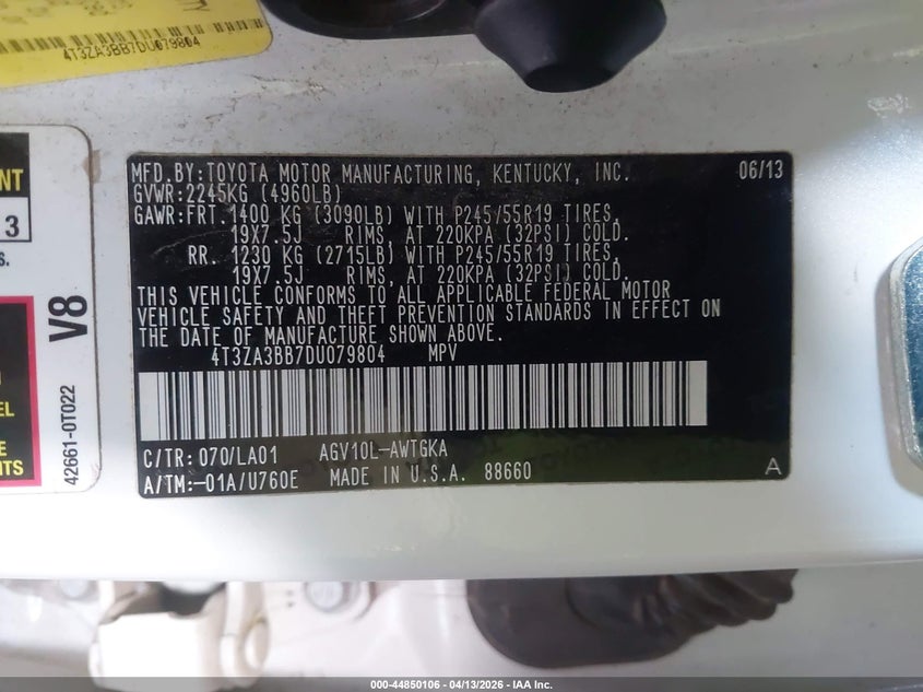 2013 Toyota Venza Xle VIN: 4T3ZA3BB7DU079804 Lot: 44850106