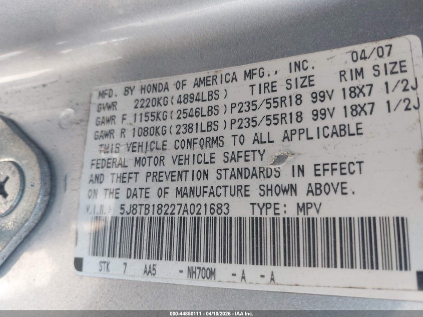 2007 Acura Rdx VIN: 5J8TB18227A021683 Lot: 44850111