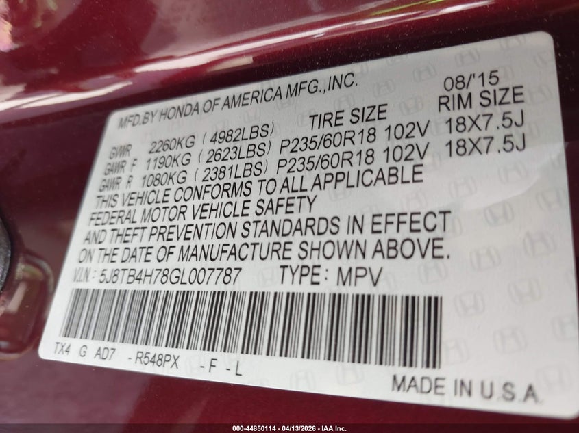 2016 Acura Rdx Advance Package VIN: 5J8TB4H78GL007787 Lot: 44850114