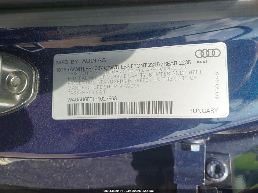 2017 Audi A3 2.0T Premium VIN: WAUAUGFF1H1027563 Lot: 44850131