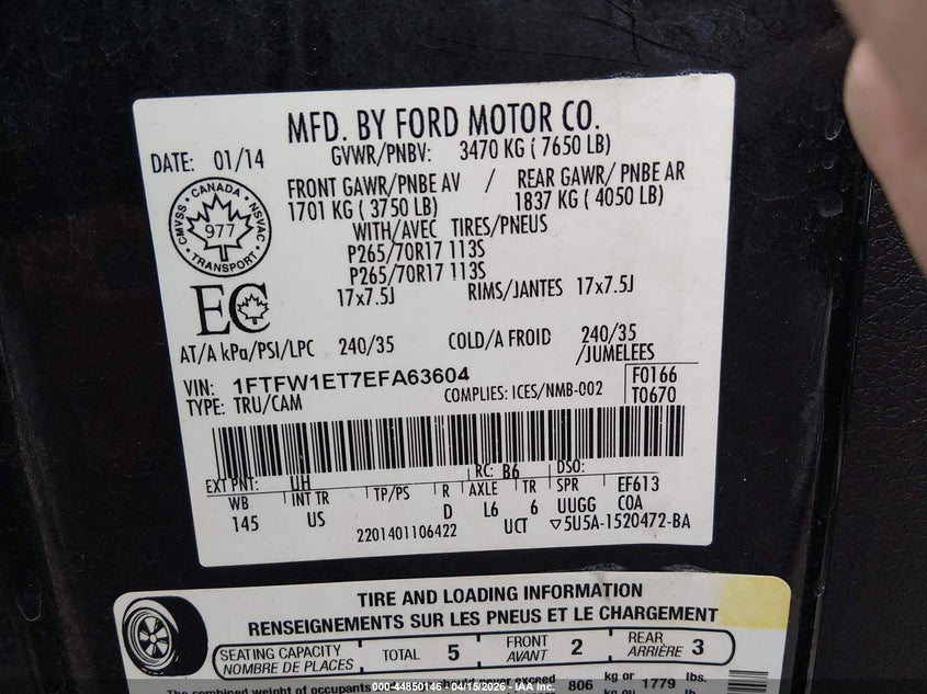 2014 Ford F-150 Xlt VIN: 1FTFW1ET7EFA63604 Lot: 44850146