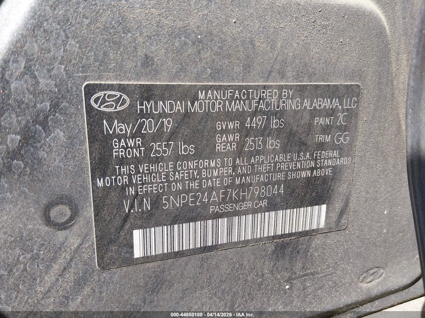 2019 Hyundai Sonata 2.4 Se silver Lot 111044850180 Vin 5NPE24AF7KH798044