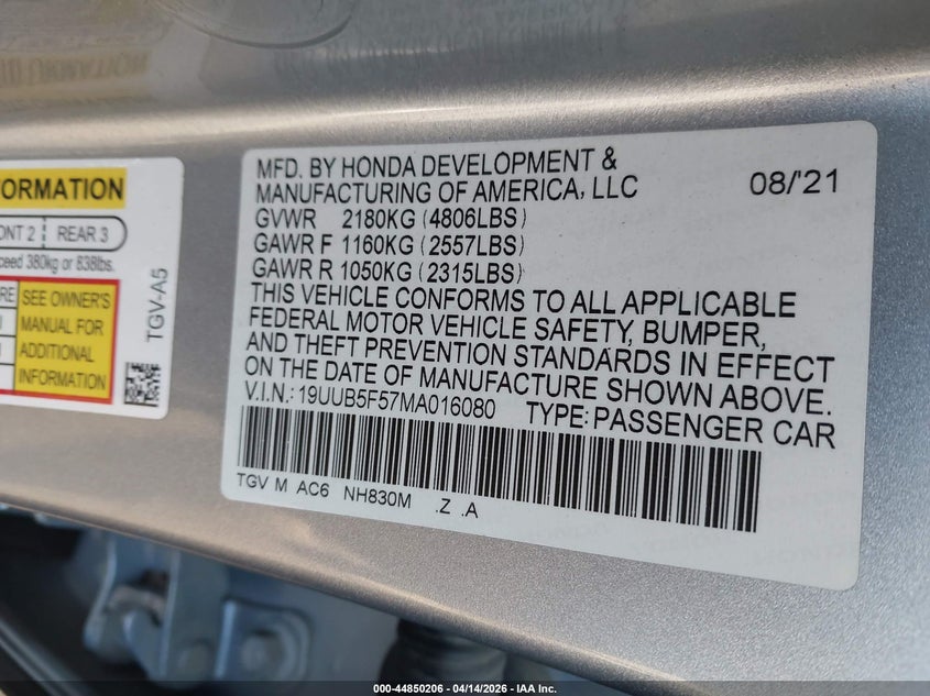 2021 Acura Tlx A-Spec Package VIN: 19UUB5F57MA016080 Lot: 44850206
