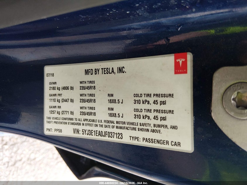 2018 Tesla Model 3 Long Range/Mid Range VIN: 5YJ3E1EA0JF037123 Lot: 44850224