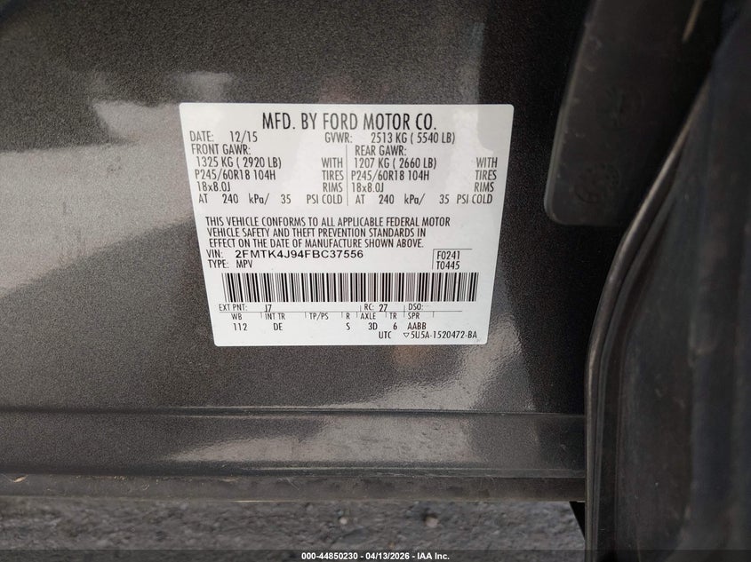 2FMTK4J94FBC37556 2015 Ford Edge 2.0 Sel grey