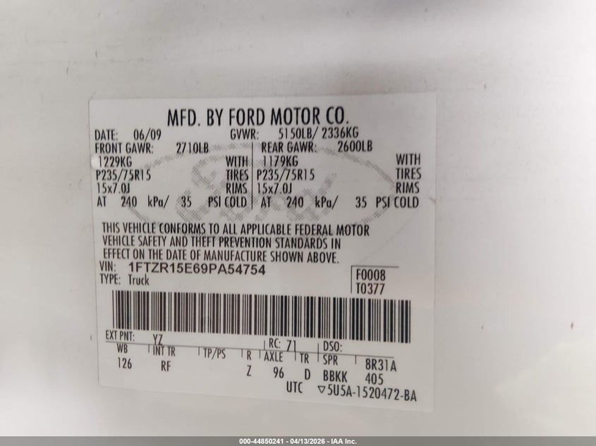 2009 Ford Ranger Fx4 Off-Road/Sport/Xl/Xlt VIN: 1FTZR15E69PA54754 Lot: 44850241