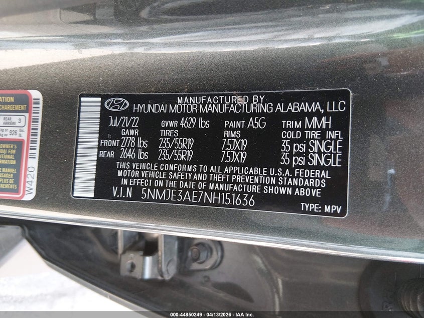 2022 Hyundai Tucson Limited VIN: 5NMJE3AE7NH151636 Lot: 44850249