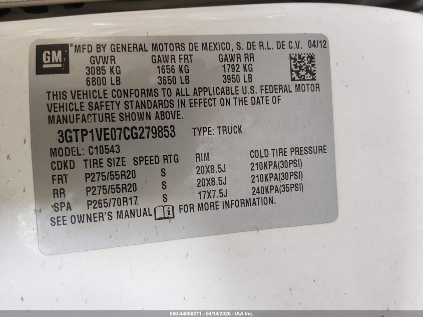 2012 GMC Sierra 1500 Sle VIN: 3GTP1VE07CG279853 Lot: 44850271