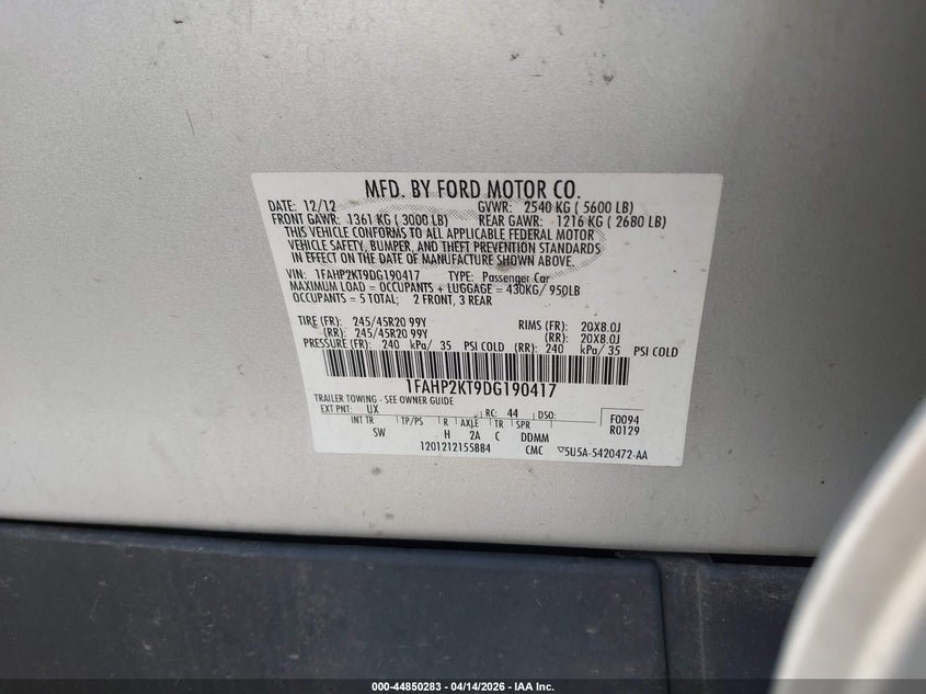 2013 Ford Taurus Sho VIN: 1FAHP2KT9DG190417 Lot: 44850283