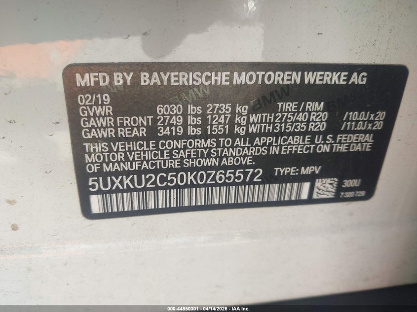 2019 BMW X6 xDrive35I VIN: 5UXKU2C50K0Z65572 Lot: 44850301