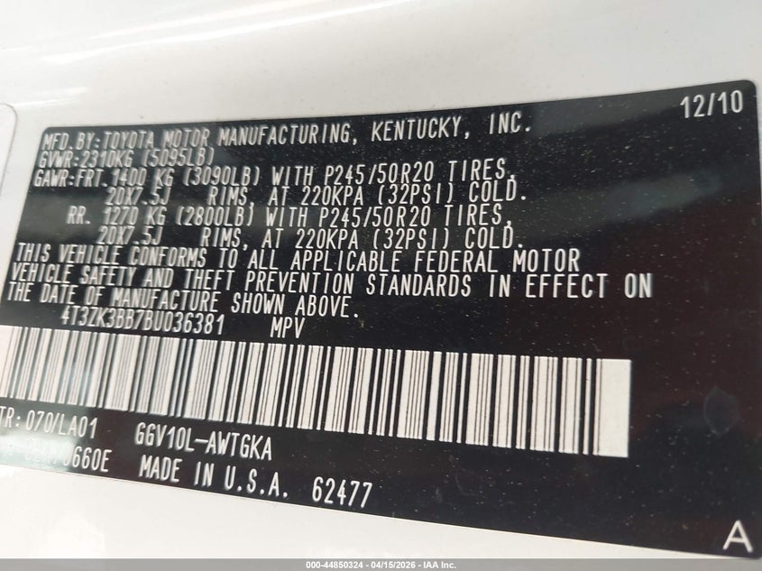 2011 Toyota Venza Base V6 VIN: 4T3ZK3BB7BU036381 Lot: 44850324