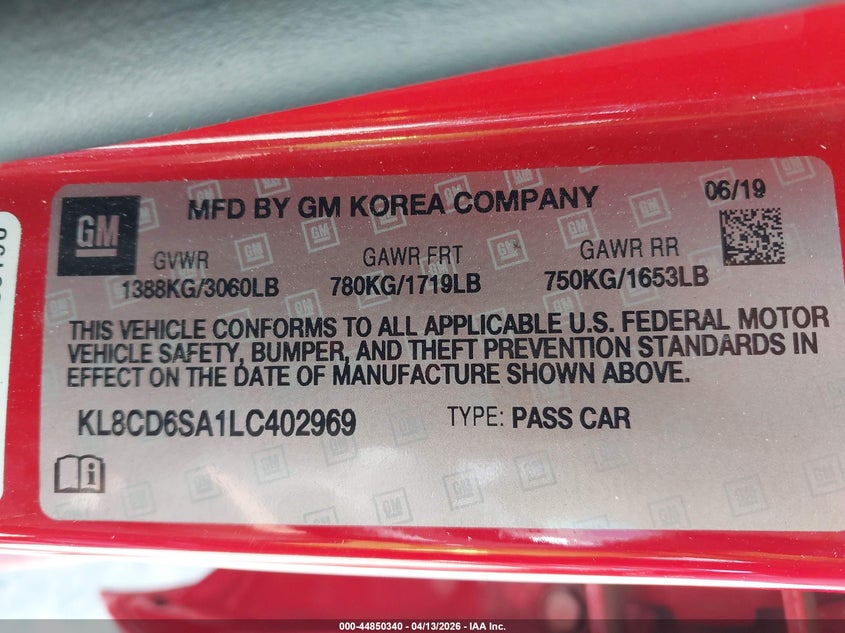 2020 Chevrolet Spark Fwd 1Lt Automatic VIN: KL8CD6SA1LC402969 Lot: 44850340