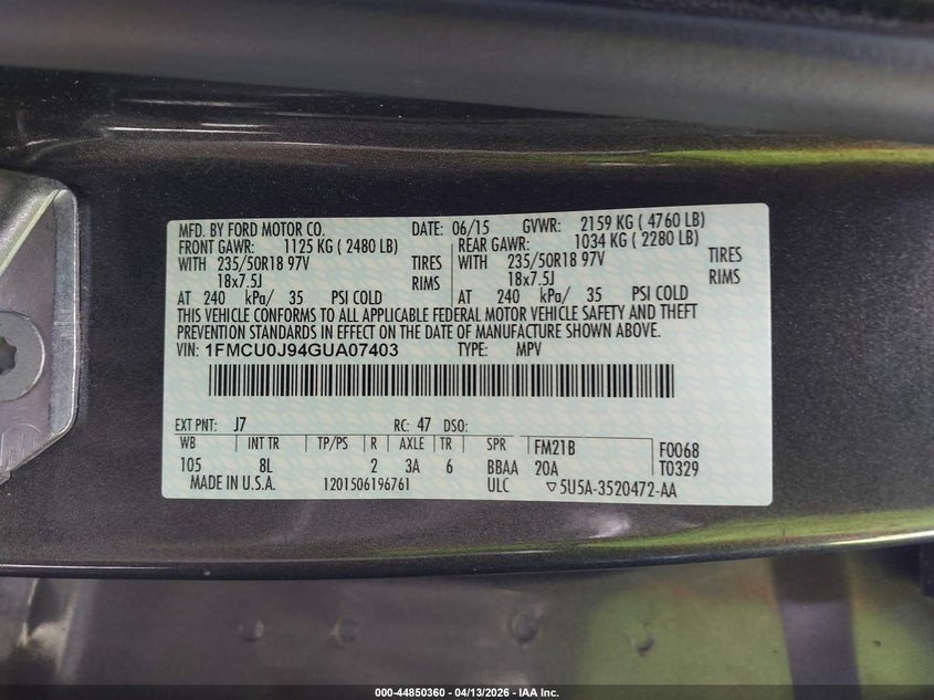 2016 Ford Escape 2.0 Titanium grey Lot 111044850360 Vin 1FMCU0J94GUA07403