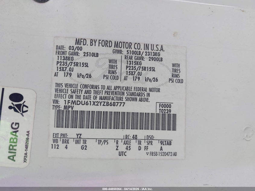 2000 Ford Explorer Xl Fleet VIN: 1FMDU61X2YZB68777 Lot: 44850364