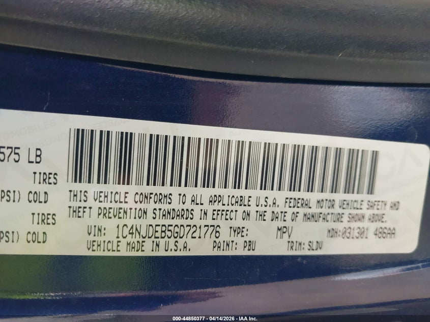 2016 Jeep Compass High Altitude Edition VIN: 1C4NJDEB5GD721776 Lot: 44850377