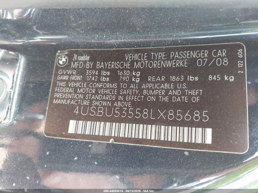 2008 BMW Z4 3.0Si VIN: 4USBU53558LX85685 Lot: 44850414