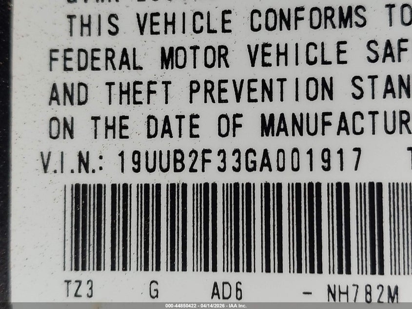 2016 Acura Tlx V6 VIN: 19UUB2F33GA001917 Lot: 44850422