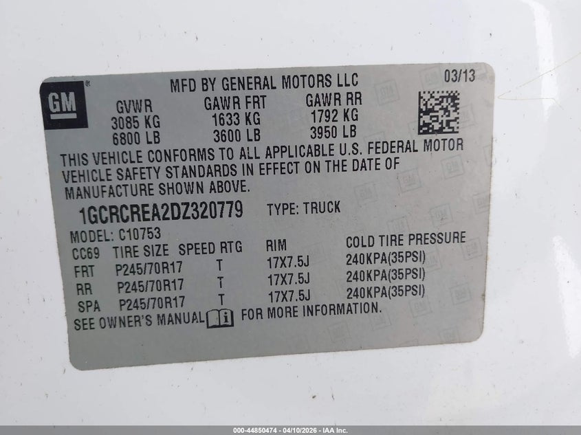 2013 Chevrolet Silverado 4.8 1500 Ls white Lot 111044850474 Vin 1GCRCREA2DZ320779