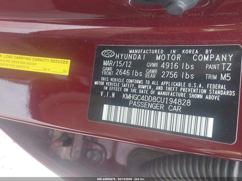 2012 Hyundai Genesis 3.8 VIN: KMHGC4DD8CU194828 Lot: 44850479