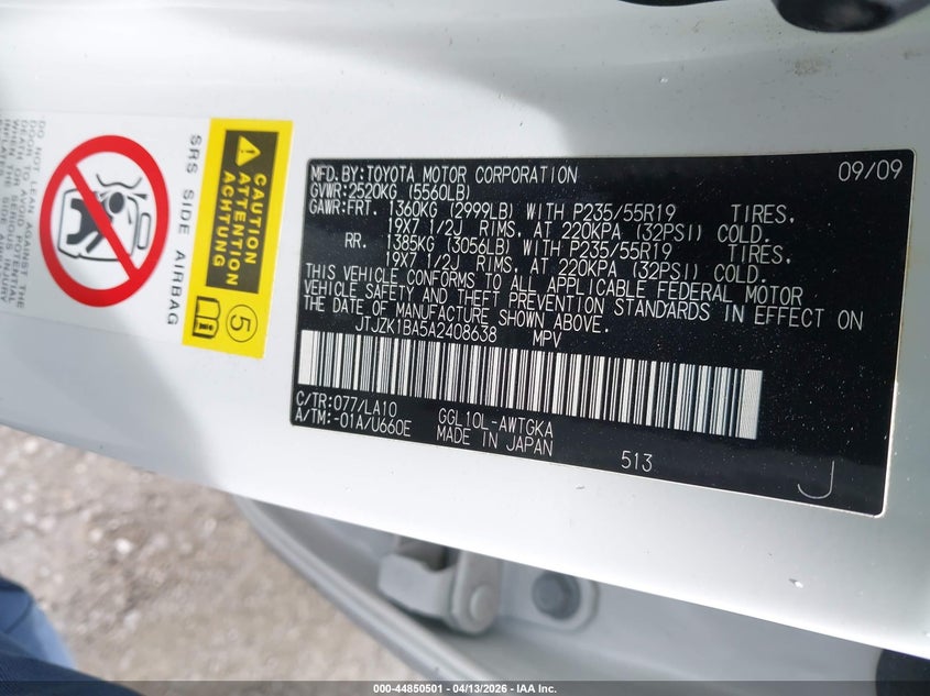 2010 Lexus Rx 350 VIN: JTJZK1BA5A2408638 Lot: 44850501