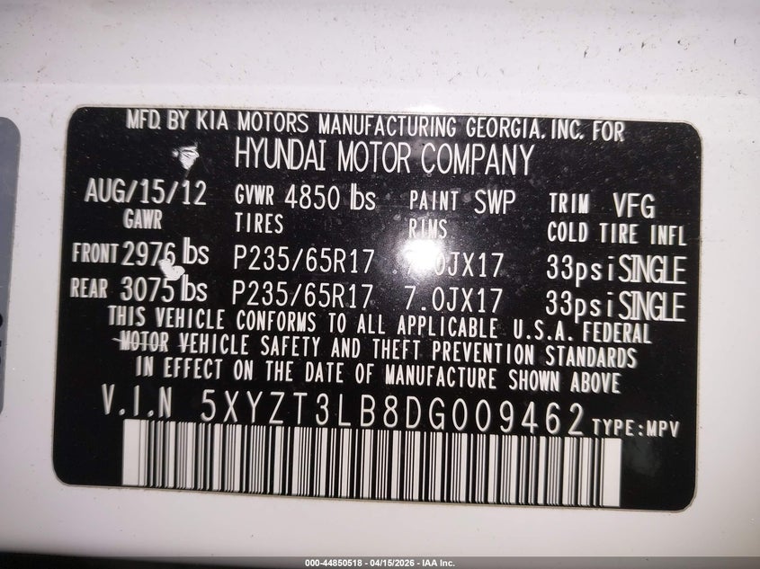 2013 Hyundai Santa Fe Sport VIN: 5XYZT3LB8DG009462 Lot: 44850518