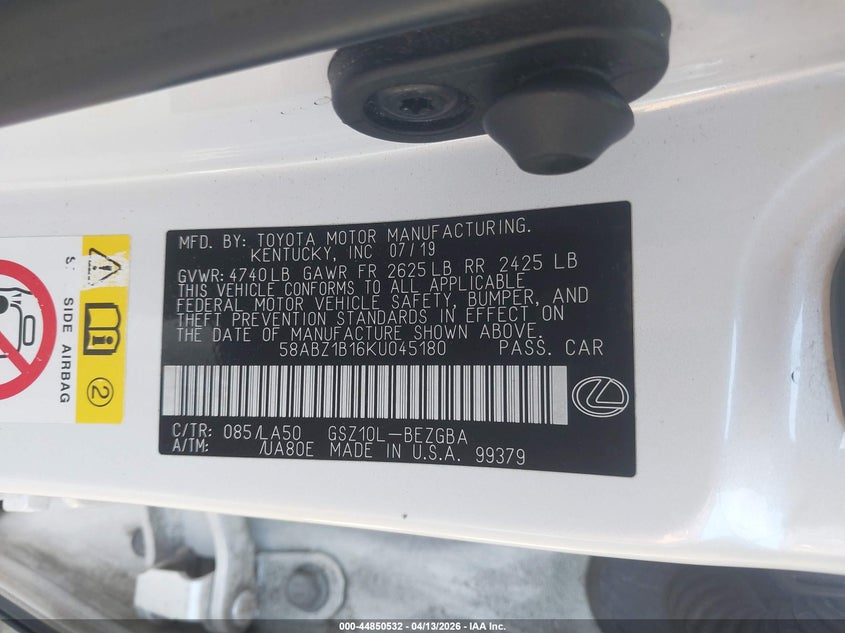 2019 Lexus Es 350 VIN: 58ABZ1B16KU045180 Lot: 44850532