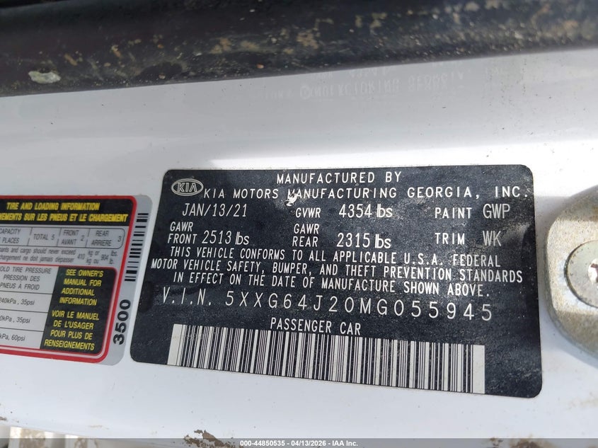 2021 Kia K5 Gt-Line VIN: 5XXG64J20MG055945 Lot: 44850535