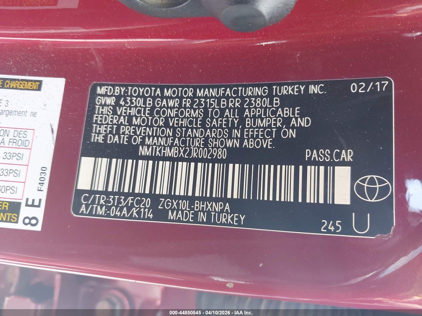 2018 Toyota C-Hr Xle VIN: NMTKHMBX2JR002980 Lot: 44850545