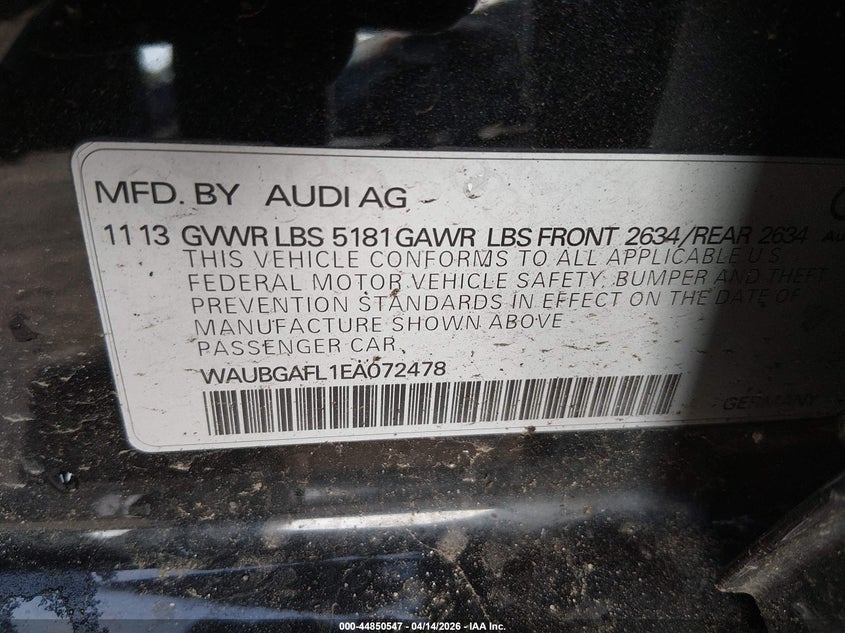 2014 Audi S4 3.0T Premium Plus VIN: WAUBGAFL1EA072478 Lot: 44850547