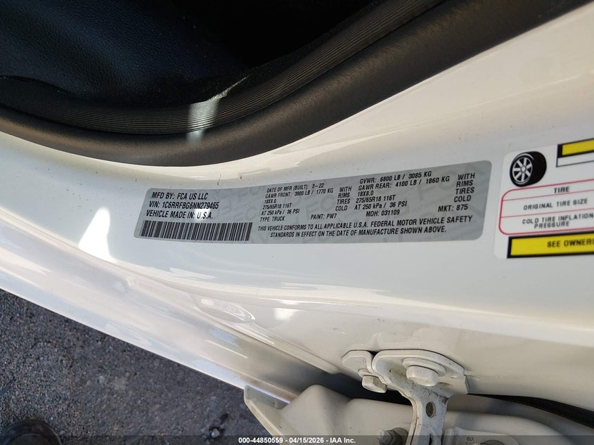 2022 Ram 1500 Big Horn 4X4 6'4 Box VIN: 1C6RRFBG6NN279465 Lot: 44850559