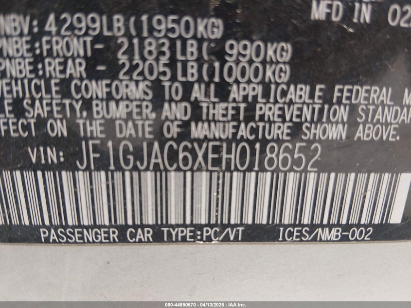 2014 Subaru Impreza 2.0I Premium VIN: JF1GJAC6XEH018652 Lot: 44850570