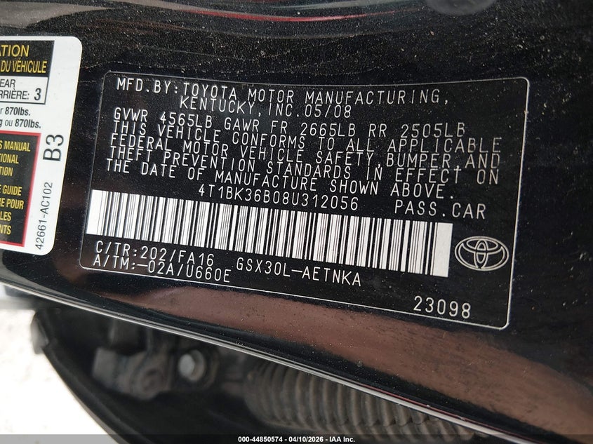 2008 Toyota Avalon Xl VIN: 4T1BK36B08U312056 Lot: 44850574