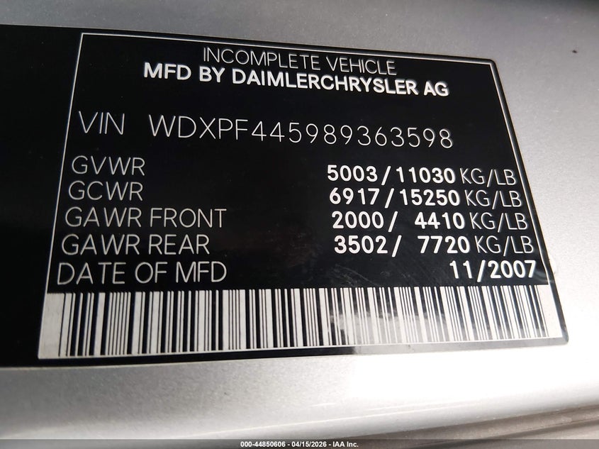 2008 Dodge Sprinter 3500 VIN: WDXPF445989363598 Lot: 44850606