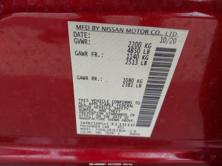 2020 Nissan Leaf Sl Plus 62 Kwh VIN: 1N4BZ1DP5LC311010 Lot: 44850667