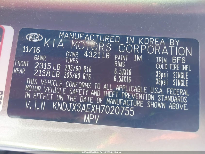 2017 Kia Soul Ev + VIN: KNDJX3AEXH7020755 Lot: 44850698