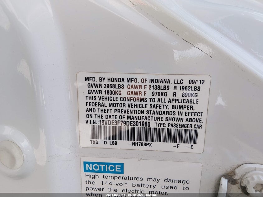 2013 Acura Ilx Hybrid 1.5L VIN: 19VDE3F79DE301980 Lot: 44850711