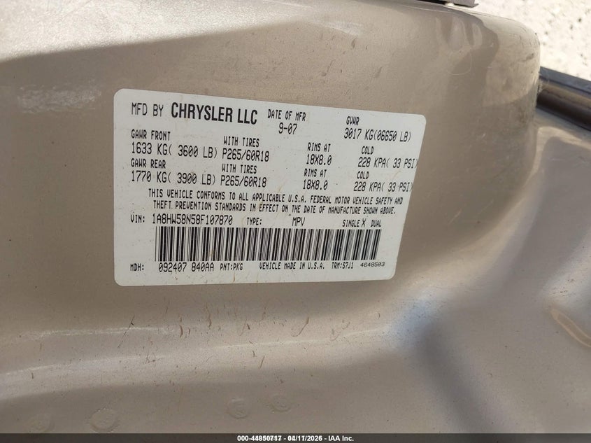 2008 Chrysler Aspen Limited VIN: 1A8HW58N58F107870 Lot: 44850717