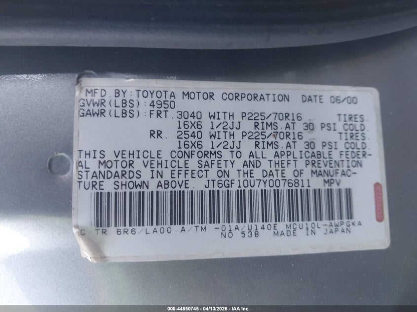 2000 Lexus Rx 300 VIN: JT6GF10U7Y0076811 Lot: 44850745